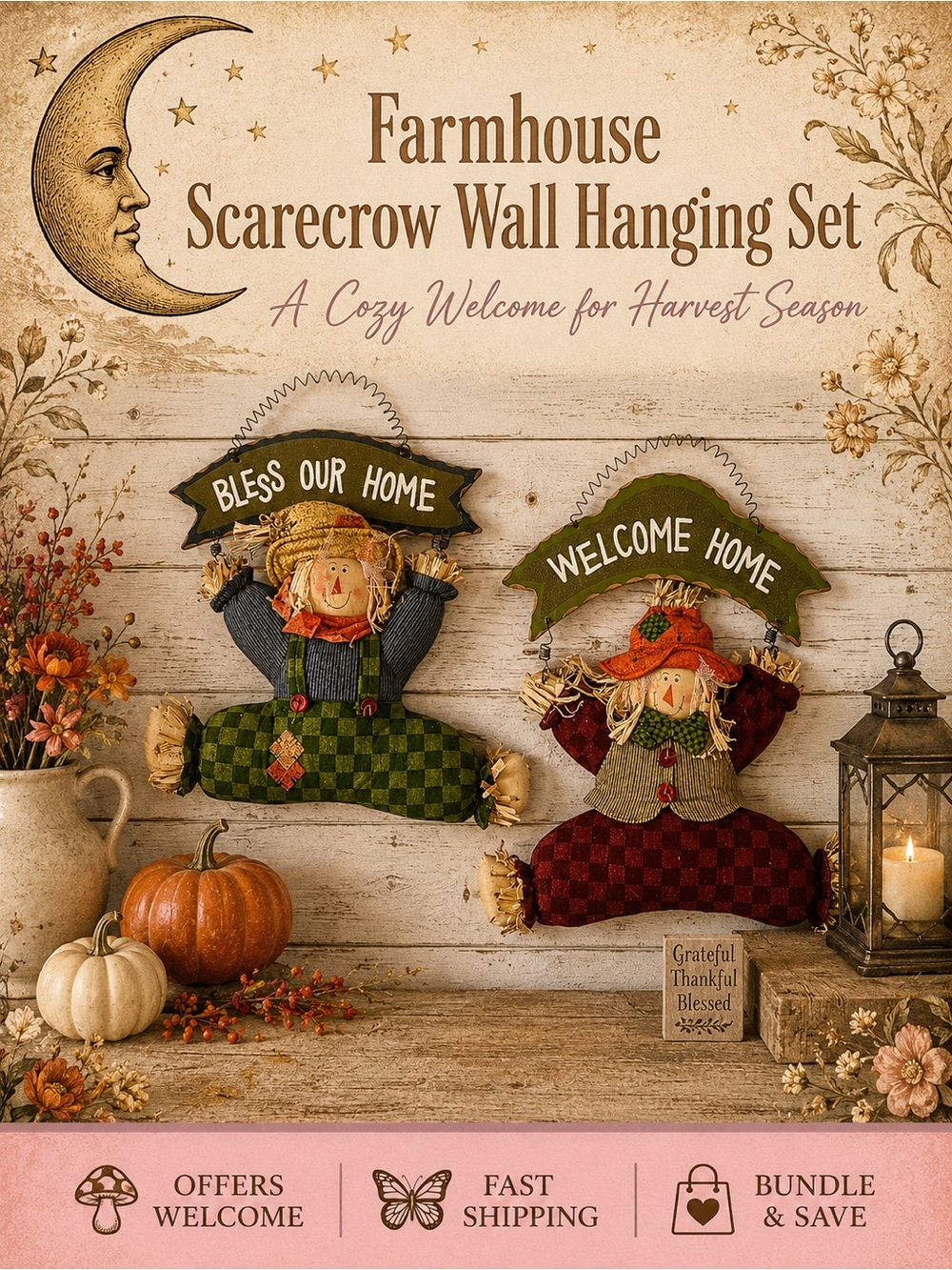 Farmhouse Scarecrow Wall Hanging Set Fall Harvest Decor NWT